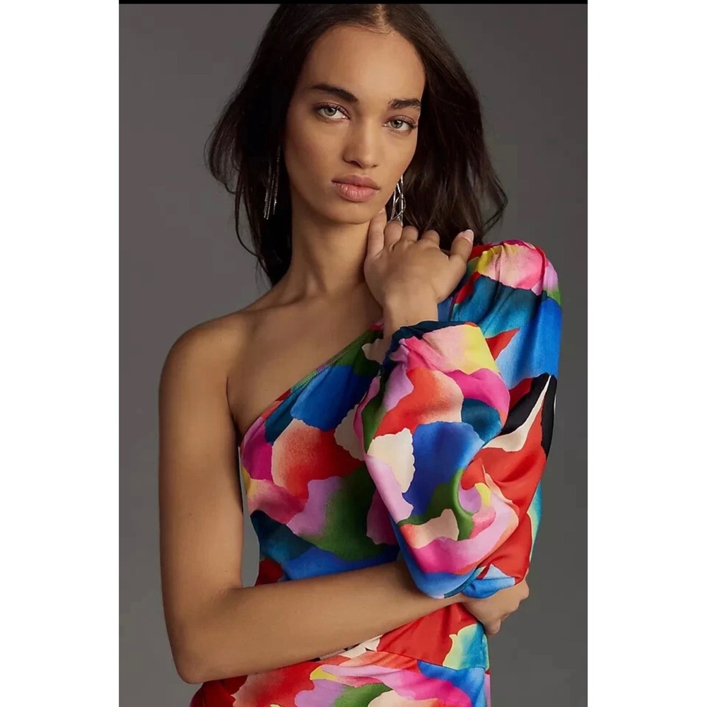 Farm Rio One Shoulder Dress Anthropologie Abstract Floral Midi Slit Size Small - Picture 3 of 14